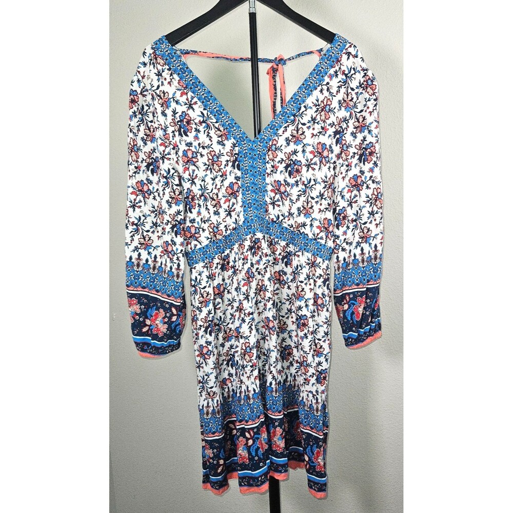LOFT Beach Womens S Floral Boho Dress Blue Pink V Neck Long Sleeve Mini